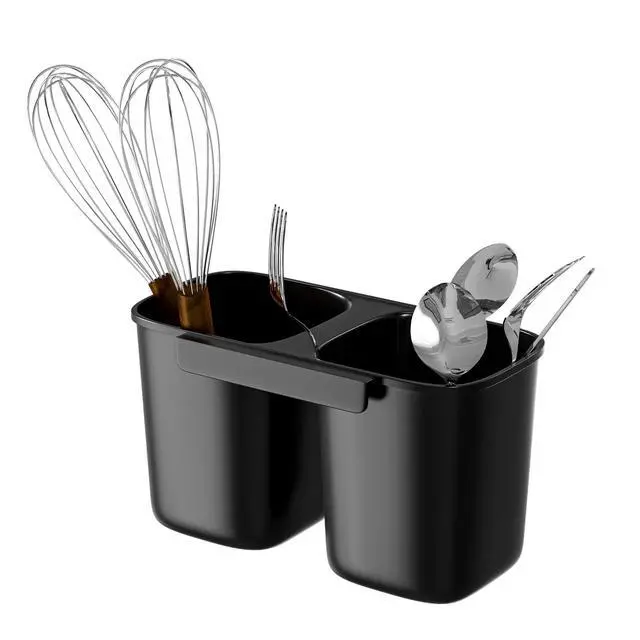 Alt view image 4 of 6 - Dish Rack Utensil Holder, Hanging Cutlery Drainer Caddy with Hooks, 2 Compartment Flatware Organizer for Forks, Spoons, Knives, Fits Over Most Dish Drying Racks, Black