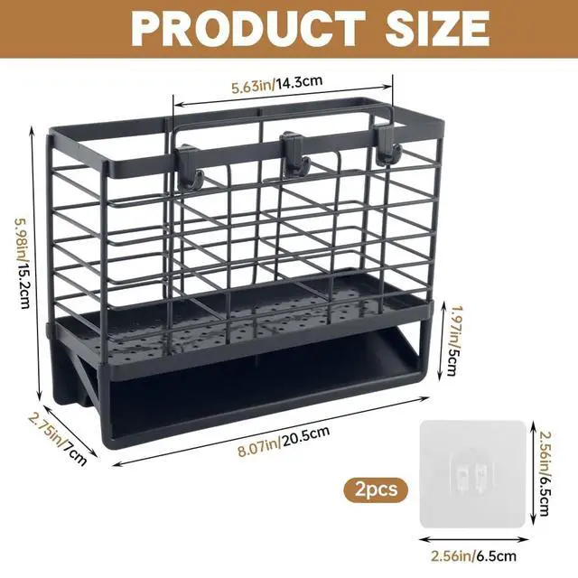Alt view image 2 of 7 - 3-Compartment Dish Drying Rack for Kitchen, Carbon Steel Utensil Holder with Drain Tray, Utensil Caddy Organizer for Knives, Forks, Spoons, Chopsticks, Wall Mount or Countertop (Charcoal Grey)