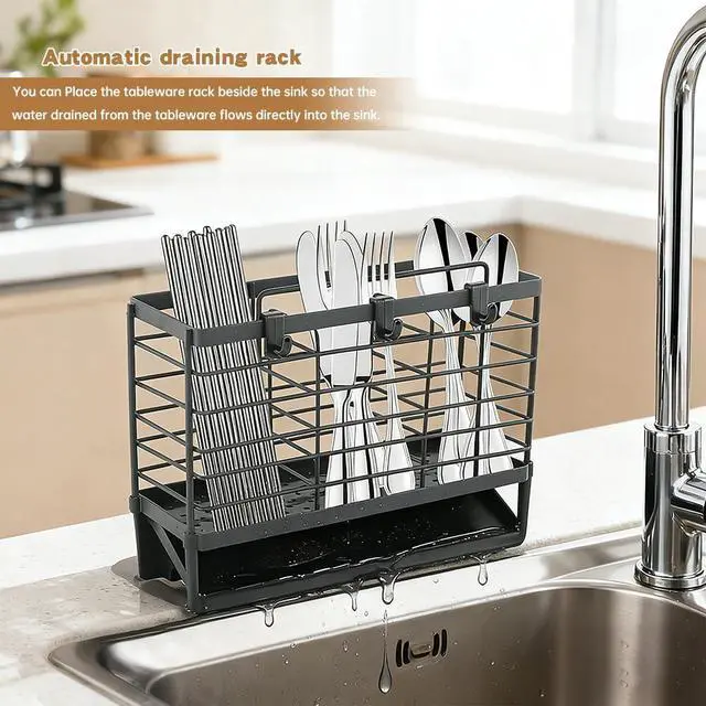 Alt view image 3 of 7 - 3-Compartment Dish Drying Rack for Kitchen, Carbon Steel Utensil Holder with Drain Tray, Utensil Caddy Organizer for Knives, Forks, Spoons, Chopsticks, Wall Mount or Countertop (Charcoal Grey)
