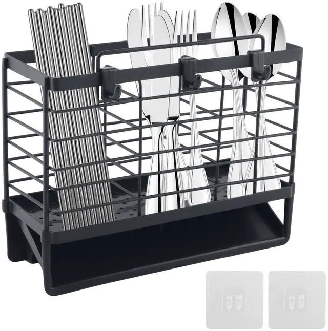 Main image of 3-Compartment Dish Drying Rack for Kitchen, Carbon Steel Utensil Holder with Drain Tray, Utensil Caddy Organizer for Knives, Forks, Spoons, Chopsticks, Wall Mount or Countertop (Charcoal Grey)