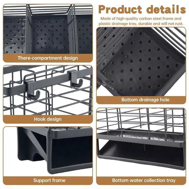 Alt view image 6 of 7 - 3-Compartment Dish Drying Rack for Kitchen, Carbon Steel Utensil Holder with Drain Tray, Utensil Caddy Organizer for Knives, Forks, Spoons, Chopsticks, Wall Mount or Countertop (Charcoal Grey)