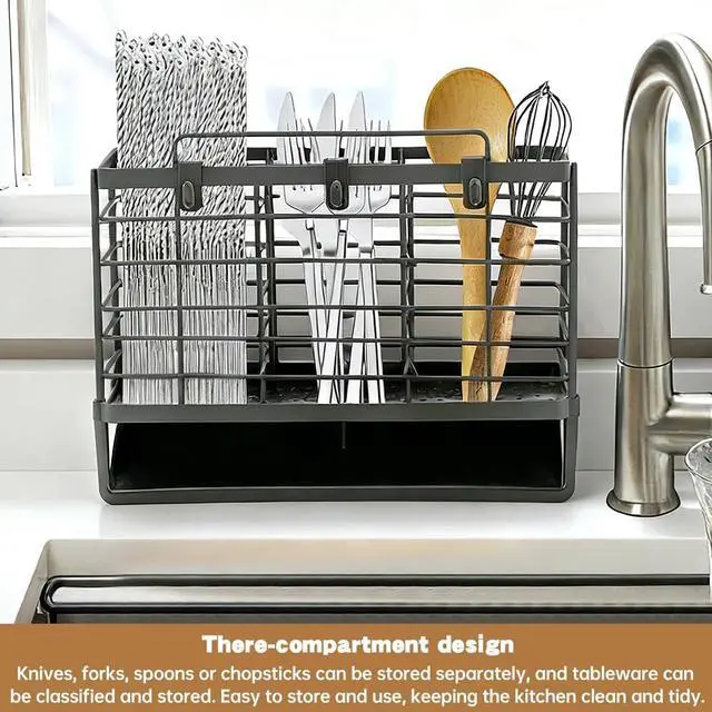 Alt view image 4 of 7 - 3-Compartment Dish Drying Rack for Kitchen, Carbon Steel Utensil Holder with Drain Tray, Utensil Caddy Organizer for Knives, Forks, Spoons, Chopsticks, Wall Mount or Countertop (Charcoal Grey)