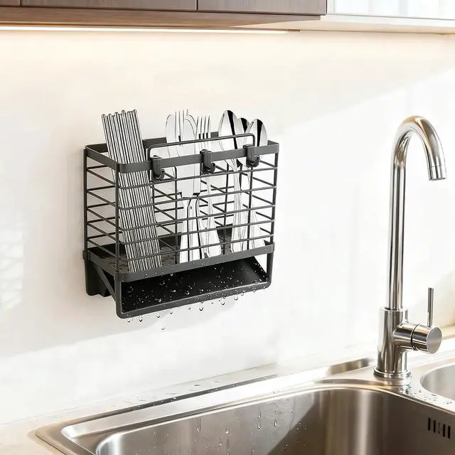 Alt view image 7 of 7 - 3-Compartment Dish Drying Rack for Kitchen, Carbon Steel Utensil Holder with Drain Tray, Utensil Caddy Organizer for Knives, Forks, Spoons, Chopsticks, Wall Mount or Countertop (Charcoal Grey)