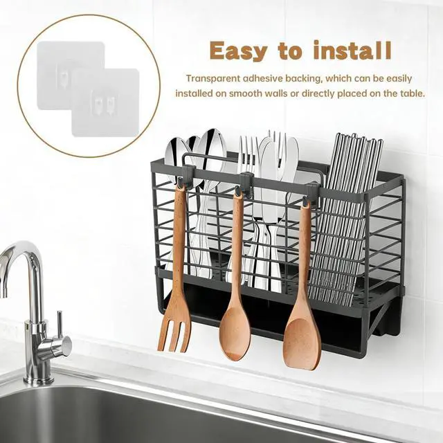 Alt view image 5 of 7 - 3-Compartment Dish Drying Rack for Kitchen, Carbon Steel Utensil Holder with Drain Tray, Utensil Caddy Organizer for Knives, Forks, Spoons, Chopsticks, Wall Mount or Countertop (Charcoal Grey)
