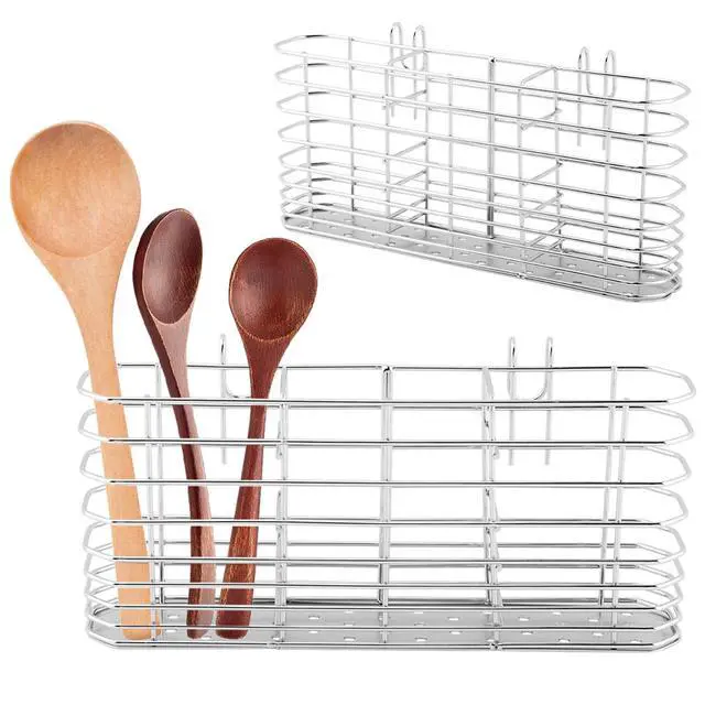 Alt view image 3 of 7 - 304 Stainless Steel Utensil Holder with Hooks - 3 Divided Compartments Silverware Drying Rack, Kitchen Tableware Organizer Drainage Basket for Flatware Knives Forks Spoons