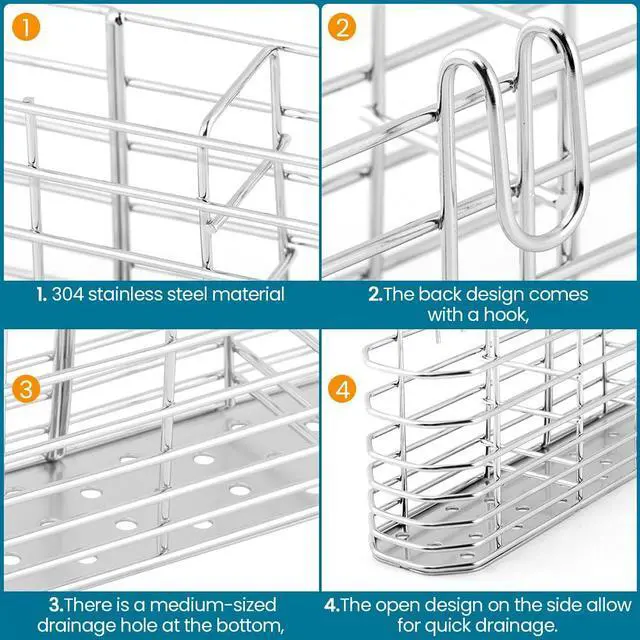 Alt view image 3 of 7 - 304 Stainless Steel Utensil Drying Rack Holder, 3-Compartment Kitchen Utensil Organizer Flatware Basket with Hooks for Dish Drying Rack, Sink Dish Drainer, Kitchen & Bathroom,7.87 x 1.57x 3.54inch