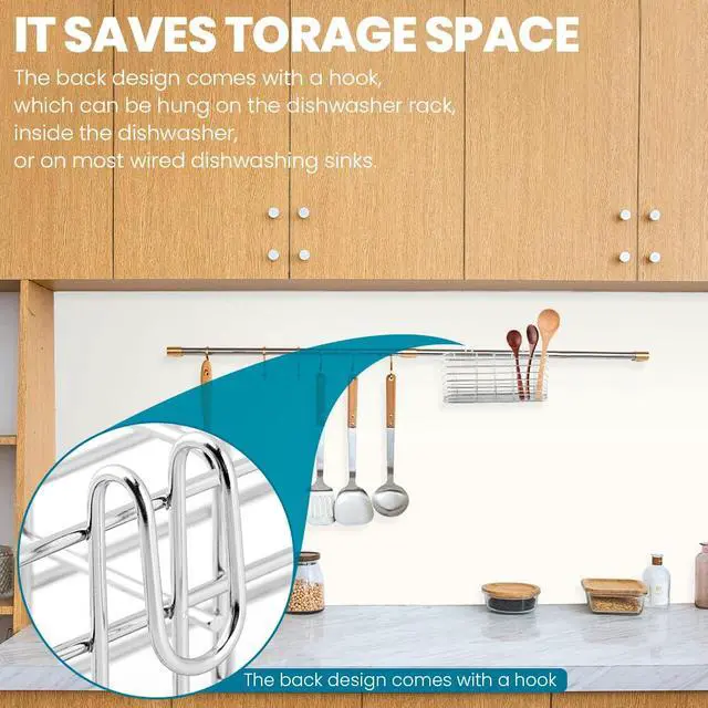 Alt view image 6 of 7 - 304 Stainless Steel Utensil Drying Rack Holder, 3-Compartment Kitchen Utensil Organizer Flatware Basket with Hooks for Dish Drying Rack, Sink Dish Drainer, Kitchen & Bathroom,7.87 x 1.57x 3.54inch