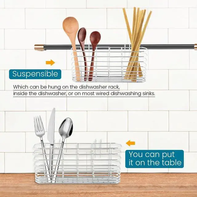 Alt view image 5 of 7 - 304 Stainless Steel Utensil Drying Rack Holder, 3-Compartment Kitchen Utensil Organizer Flatware Basket with Hooks for Dish Drying Rack, Sink Dish Drainer, Kitchen & Bathroom,7.87 x 1.57x 3.54inch