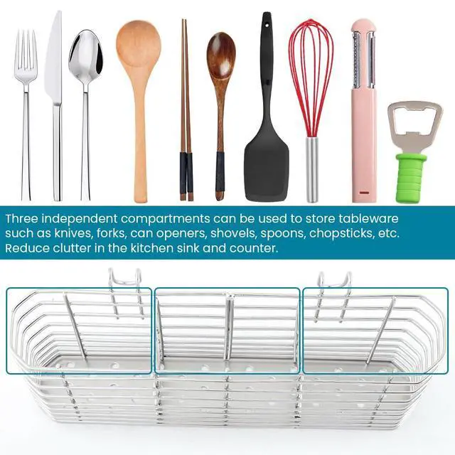 Alt view image 4 of 7 - 304 Stainless Steel Utensil Drying Rack Holder, 3-Compartment Kitchen Utensil Organizer Flatware Basket with Hooks for Dish Drying Rack, Sink Dish Drainer, Kitchen & Bathroom,7.87 x 1.57x 3.54inch