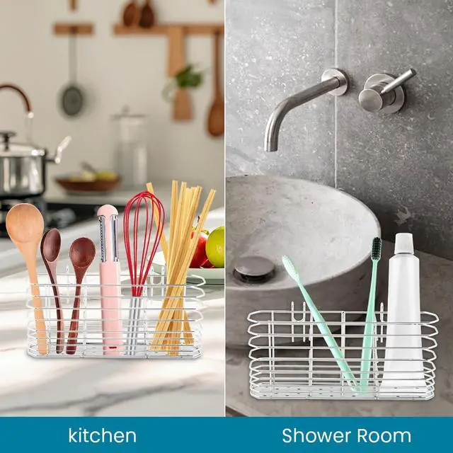 Alt view image 7 of 7 - 304 Stainless Steel Utensil Drying Rack Holder, 3-Compartment Kitchen Utensil Organizer Flatware Basket with Hooks for Dish Drying Rack, Sink Dish Drainer, Kitchen & Bathroom,7.87 x 1.57x 3.54inch