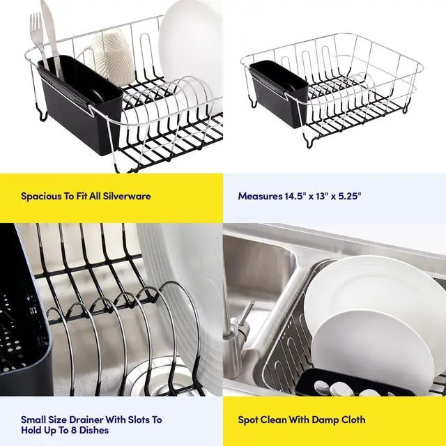 Alt view image 6 of 6 - 2 Piece Dish Drying Rack Set Drainer with Utensil Holder Simple Easy to Use Fits in Most Sinks, 14.5" x 13" x 5.25", Black