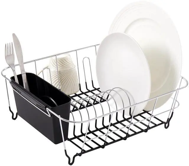 Main image of 2 Piece Dish Drying Rack Set Drainer with Utensil Holder Simple Easy to Use Fits in Most Sinks, 14.5" x 13" x 5.25", Black