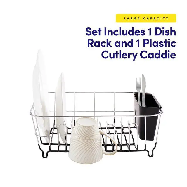 Alt view image 3 of 6 - 2 Piece Dish Drying Rack Set Drainer with Utensil Holder Simple Easy to Use Fits in Most Sinks, 14.5" x 13" x 5.25", Black