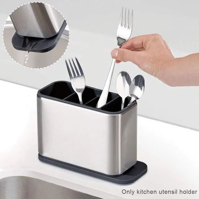 Alt view image 2 of 6 - Kitchen Utensil Holder for Countertop Flatware Organizer Utensil Crock Holder Caddy Anti Slip Drip Tray Stainless Steel Flatware Cutlery Drainer Home Kitchen 4 Divider Drip Tray,8.27x3.54x5.39 inch(1)