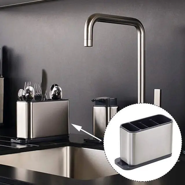 Alt view image 3 of 6 - Kitchen Utensil Holder for Countertop Flatware Organizer Utensil Crock Holder Caddy Anti Slip Drip Tray Stainless Steel Flatware Cutlery Drainer Home Kitchen 4 Divider Drip Tray,8.27x3.54x5.39 inch(1)