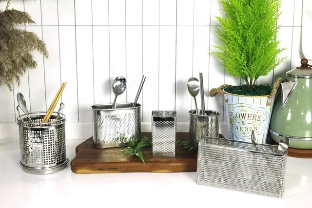 Alt view image 6 of 7 - Kitchen Utensil Chopsticks Perforated Holder with Hooks - 304 Stainless Steel Storage for Organizer Dishwasher Safe (Small Rectangle)