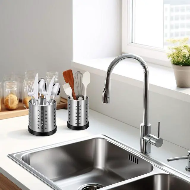 Alt view image 4 of 7 - 4 Pack Stainless Steel Utensil Holder Small Metal Restaurant Cooking Utensil Holder Set SUS304 Silverware Utensils Drying Rack Utensils Drainer for Countertop Forks Spatul