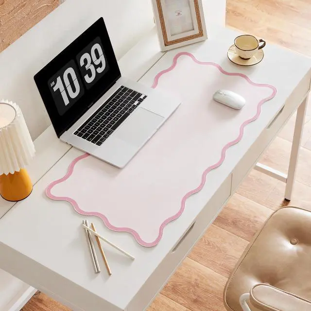 Alt view image 2 of 7 - Scalloped Desk Mat, 31.5" x 15.7", PU Leather, Waterproof Anti-Slip, Cute Aesthetic Desk Pad for Office/Home/Game/Vanity (Pink, 31.5 X 15.7)