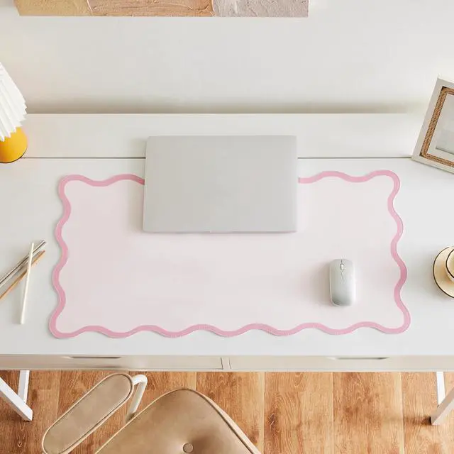 Alt view image 3 of 7 - Scalloped Desk Mat, 31.5" x 15.7", PU Leather, Waterproof Anti-Slip, Cute Aesthetic Desk Pad for Office/Home/Game/Vanity (Pink, 31.5 X 15.7)