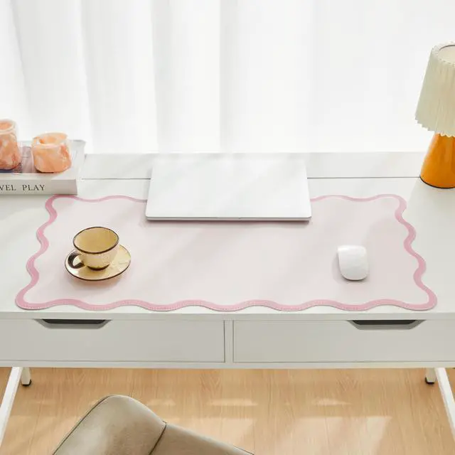 Alt view image 4 of 7 - Scalloped Desk Mat, 31.5" x 15.7", PU Leather, Waterproof Anti-Slip, Cute Aesthetic Desk Pad for Office/Home/Game/Vanity (Pink, 31.5 X 15.7)