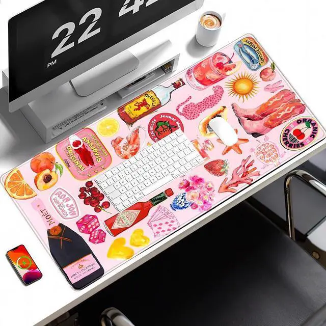 Alt view image 4 of 7 - Pink Cute Desk Mat Kawaii Aesthetic Keyboard Pad, Holiday Style Deskpad Mat Gaming Large Mouse Pads for Desk, Large Mouse Pad Strawberry Desk Mat Accessories for Women Desk Decor 31.5" X 15.7"