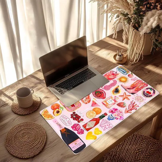 Alt view image 5 of 7 - Pink Cute Desk Mat Kawaii Aesthetic Keyboard Pad, Holiday Style Deskpad Mat Gaming Large Mouse Pads for Desk, Large Mouse Pad Strawberry Desk Mat Accessories for Women Desk Decor 31.5" X 15.7"