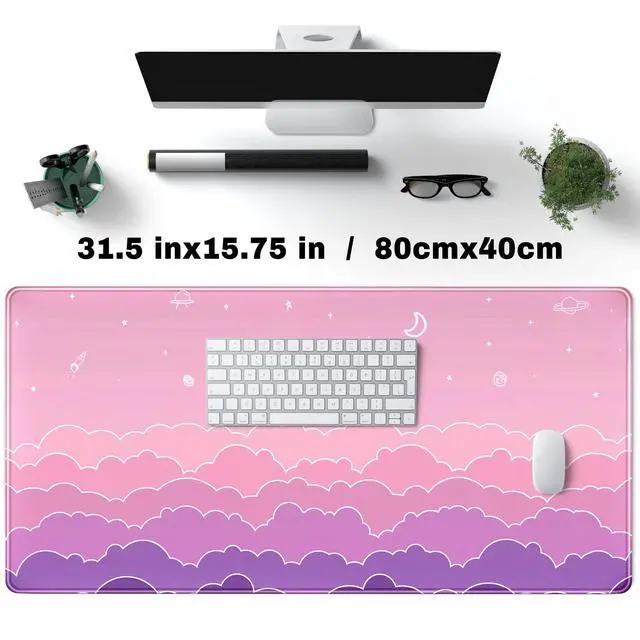 Alt view image 2 of 6 - Mouse Pad Desk Gaming Accessories Cute Clouds XXL Mouse Pad Pink Anime Office Decor Desk Mousepad Large, 31.5x15.7in Extended Keyboard Mousepad for Desk Girl with Stitched Edges Non-Slip