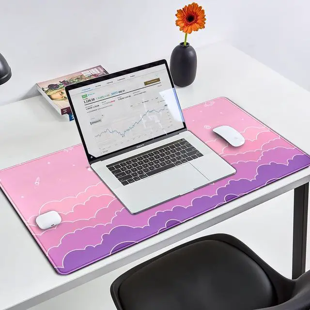 Alt view image 3 of 6 - Mouse Pad Desk Gaming Accessories Cute Clouds XXL Mouse Pad Pink Anime Office Decor Desk Mousepad Large, 31.5x15.7in Extended Keyboard Mousepad for Desk Girl with Stitched Edges Non-Slip