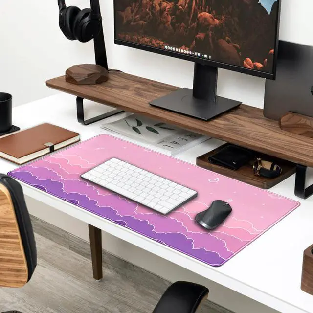 Alt view image 4 of 6 - Mouse Pad Desk Gaming Accessories Cute Clouds XXL Mouse Pad Pink Anime Office Decor Desk Mousepad Large, 31.5x15.7in Extended Keyboard Mousepad for Desk Girl with Stitched Edges Non-Slip
