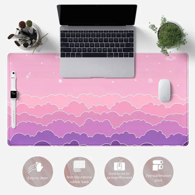 Alt view image 6 of 6 - Mouse Pad Desk Gaming Accessories Cute Clouds XXL Mouse Pad Pink Anime Office Decor Desk Mousepad Large, 31.5x15.7in Extended Keyboard Mousepad for Desk Girl with Stitched Edges Non-Slip