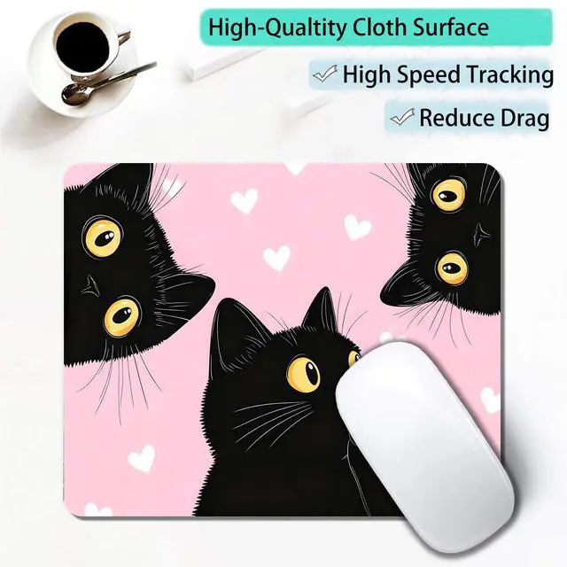 Alt view image 4 of 7 - Computer Mouse Pads for Desk, Cute Pink Cat Mouse Pad Small Square Computer Mousepad, 9.5" x 7.9" Portable Non-Slip Rubber Base Design for PC & Wireless Laptop Home Office