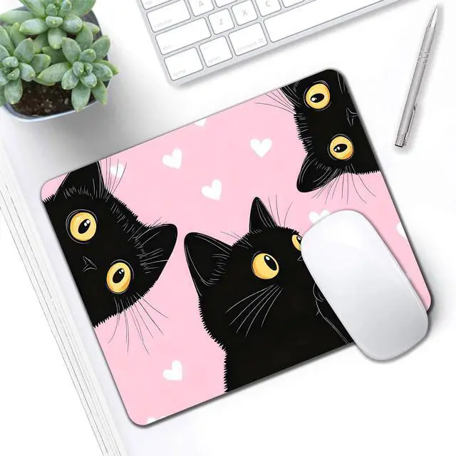Alt view image 7 of 7 - Computer Mouse Pads for Desk, Cute Pink Cat Mouse Pad Small Square Computer Mousepad, 9.5" x 7.9" Portable Non-Slip Rubber Base Design for PC & Wireless Laptop Home Office