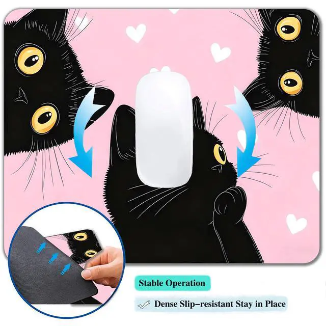 Alt view image 6 of 7 - Computer Mouse Pads for Desk, Cute Pink Cat Mouse Pad Small Square Computer Mousepad, 9.5" x 7.9" Portable Non-Slip Rubber Base Design for PC & Wireless Laptop Home Office