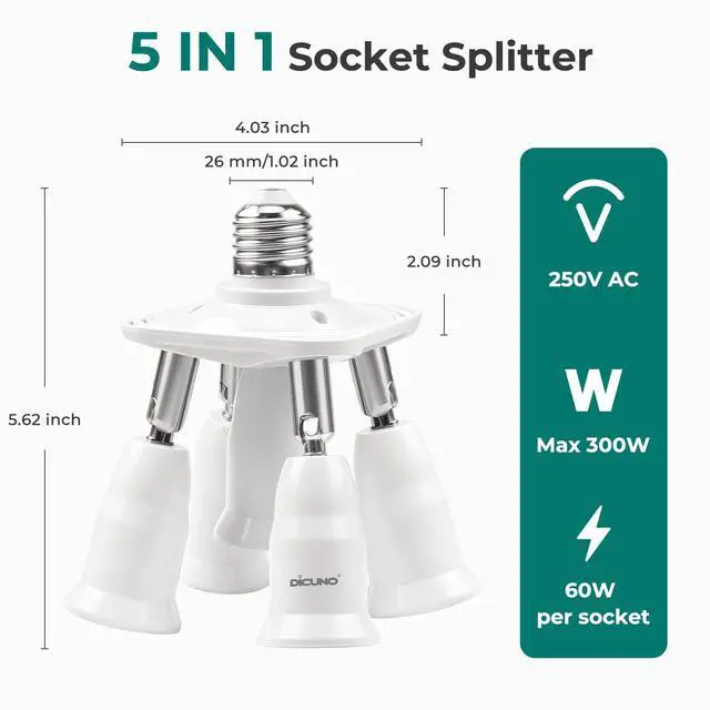 Alt view image 2 of 7 - 5 in 1 E26 Light Socket Splitter, 360° Adjustable and 180° Bendable