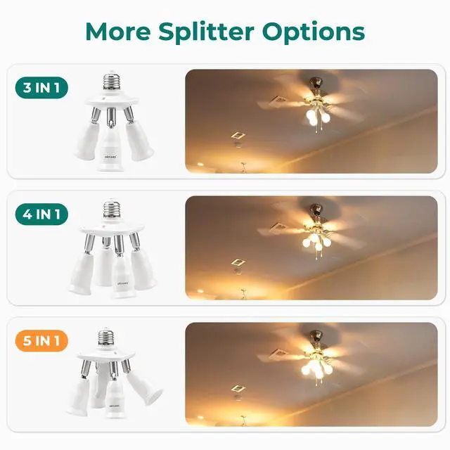 Alt view image 7 of 7 - 5 in 1 E26 Light Socket Splitter, 360° Adjustable and 180° Bendable