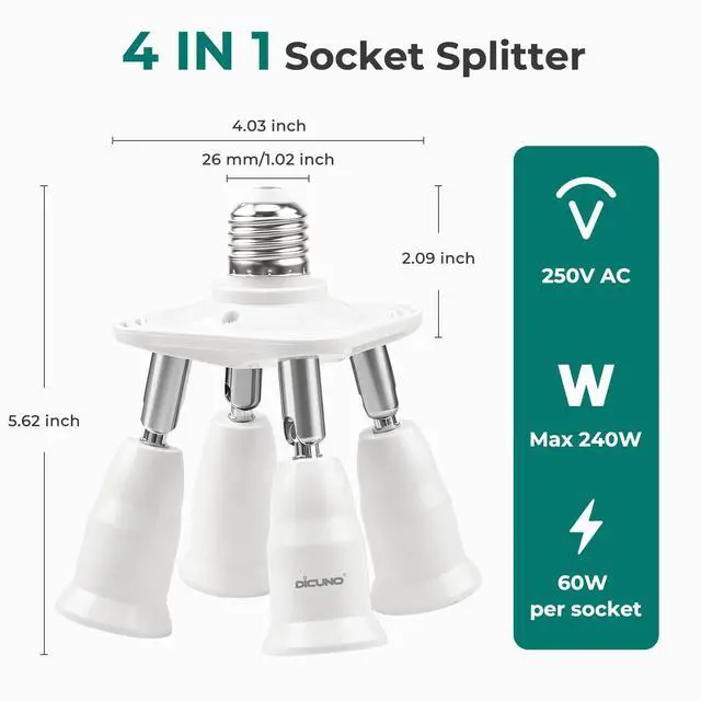 Alt view image 2 of 7 - 4 in 1 E26 Light Socket Splitter, 360° Adjustable and 180° Bendable