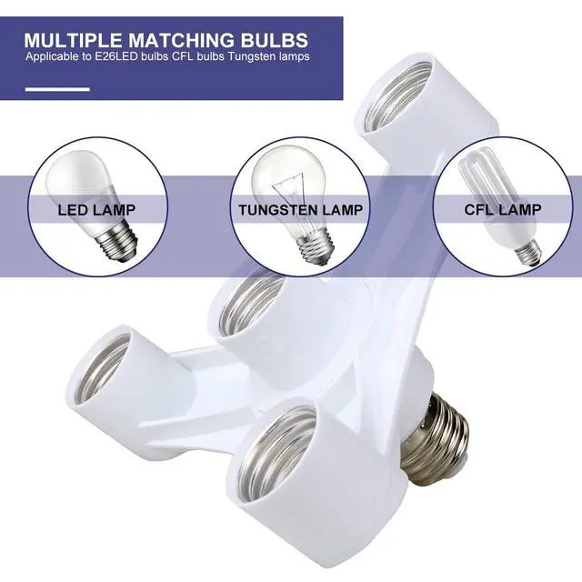 Alt view image 3 of 7 - 4 in 1 Light Bulb Socket Splitter, E26/E27 Light Socket Adapter Conventer, Standard Base LED Bulb Converter, Fixed&Heat-Resistant