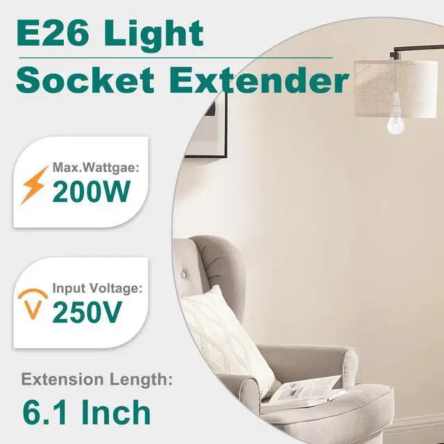 Alt view image 2 of 7 - E26 Light Socket Extender 6.1'', Flexible Extension Adapter, 2-Pack
