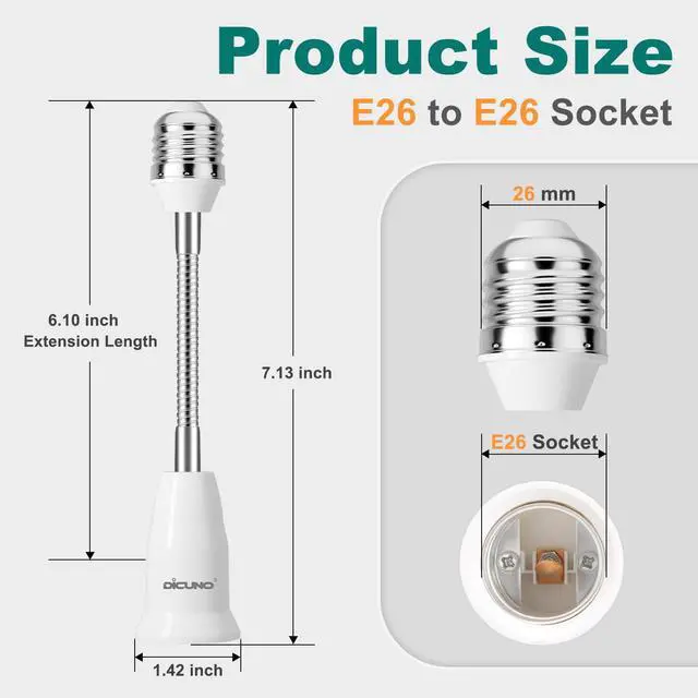 Alt view image 3 of 7 - E26 Light Socket Extender 6.1'', Flexible Extension Adapter, 2-Pack