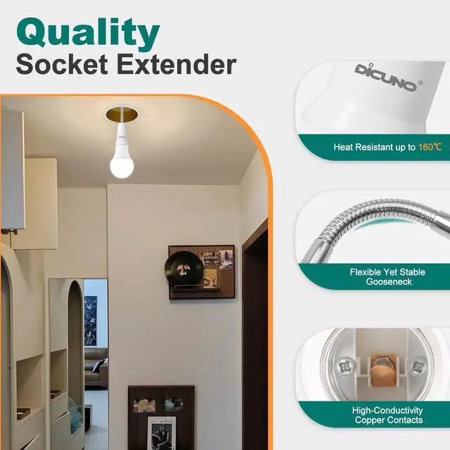 Alt view image 4 of 7 - E26 Light Socket Extender 6.1'', Flexible Extension Adapter, 2-Pack
