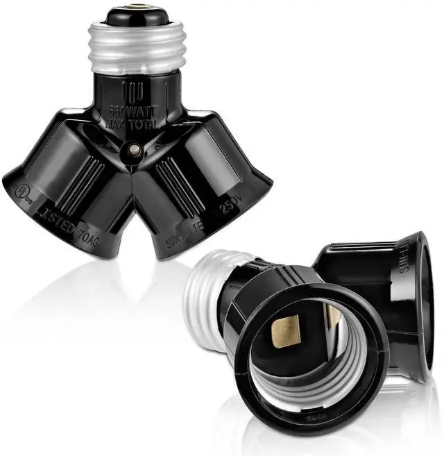 Main image of Light Socket Adapter, Dual Light Bulb Splitter, Twin Bulb Holder Converter, Add Extra Lamp in Garage Increase Camera in A Socket. UL Listed (Black, 2)