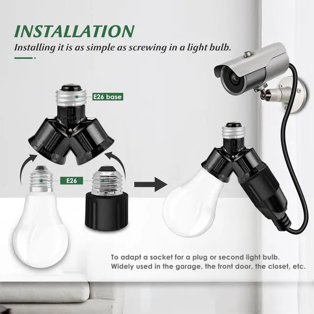 Alt view image 3 of 7 - Light Socket Adapter, Dual Light Bulb Splitter, Twin Bulb Holder Converter, Add Extra Lamp in Garage Increase Camera in A Socket. UL Listed (Black, 2)