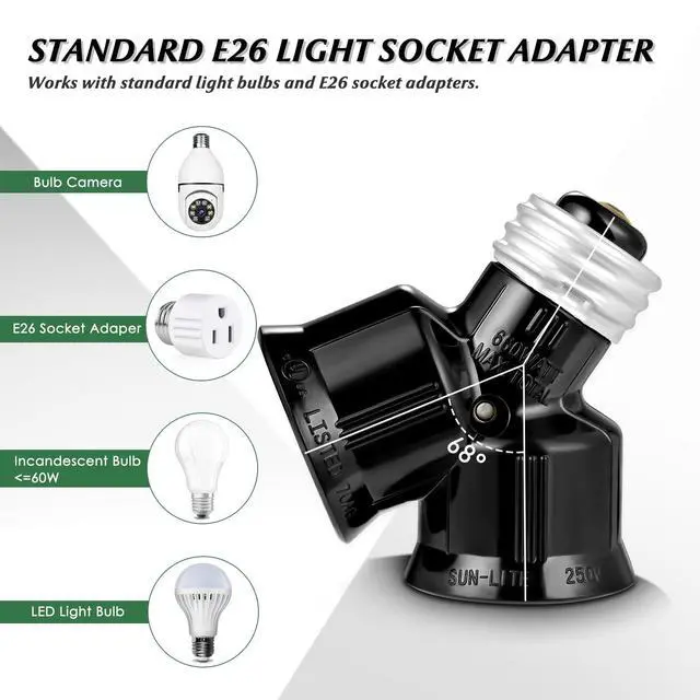 Alt view image 4 of 7 - Light Socket Adapter, Dual Light Bulb Splitter, Twin Bulb Holder Converter, Add Extra Lamp in Garage Increase Camera in A Socket. UL Listed (Black, 2)