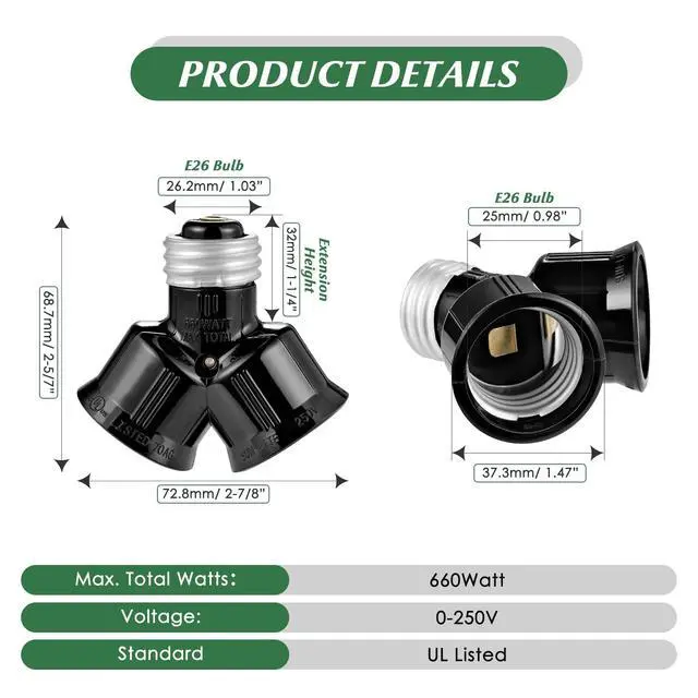 Alt view image 5 of 7 - Light Socket Adapter, Dual Light Bulb Splitter, Twin Bulb Holder Converter, Add Extra Lamp in Garage Increase Camera in A Socket. UL Listed (Black, 2)