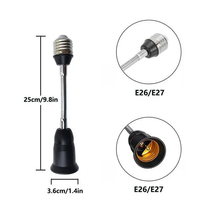 Alt view image 2 of 7 - E26/E27 Light Socket Extender Adapter, 25cm/9.8 inch Light Bulb Extension,E26 to E26 Flexible Extension,360° Bendable Adjustable Standard E26/E27 Bulb Screw Base Extender Adapte,Black(2 Pack)