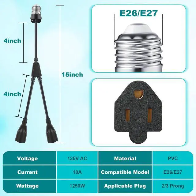 Alt view image 2 of 6 - 1 Pcs 2 in 1 Light Socket to Plug Adapter, E26/E27 to 3 Prong Outlet, Black