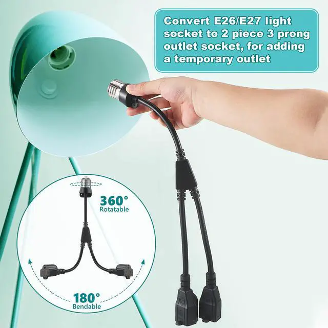Alt view image 4 of 6 - 1 Pcs 2 in 1 Light Socket to Plug Adapter, E26/E27 to 3 Prong Outlet, Black