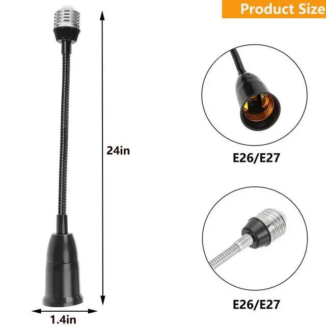 Alt view image 2 of 6 - 2 Pack E26/E27 Light Socket Extender Adapter,60cm/24 inch Light Bulb Extension,E26 to E26 Socket Extender,Bendable Flexible Gooseneck Adjustable Extension Socket Extender Adaptor (Black)