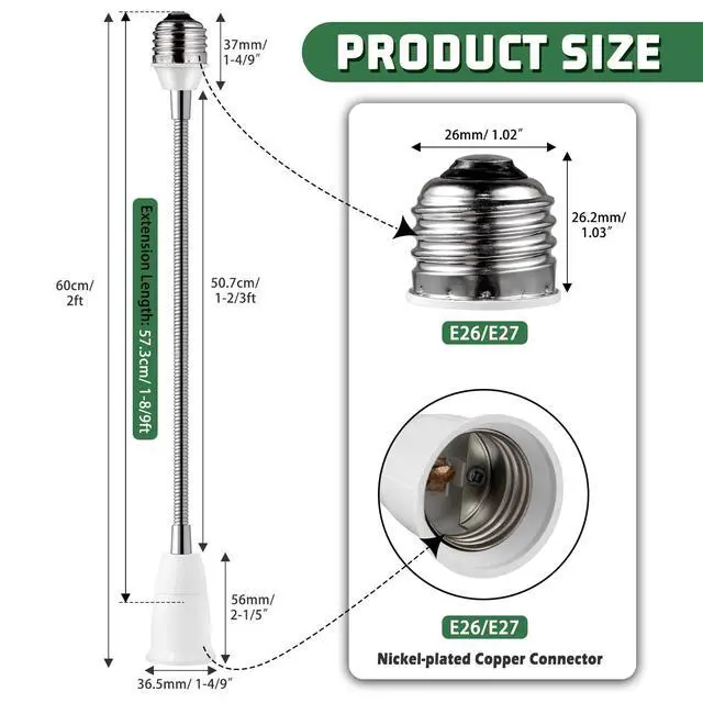 Alt view image 3 of 6 - Light Socket Extender Adapter,Standard Bulb Screw Base 6inch 1ft 2ft Flexible Extension Adapter,Bendable Adjustable Extension Neck Grow Light Socket Stand
