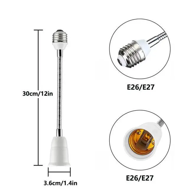 Alt view image 2 of 7 - E26/E27 Light Socket Extender Adapter, 30cm/12 inch Light Bulb Extension,E26 to E26 Flexible Extension,360° Bendable Adjustable Standard E26/E27 Bulb Screw Base Extender Adapte,White (2 Pack)